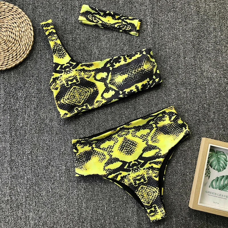 Ženske Visoko Pasu Bikini Komplet Kopalk Kača Kožo Natisniti Eno Ramo Swimsuit Ženske Plažo kopalke Plavanje Seksi Obleko