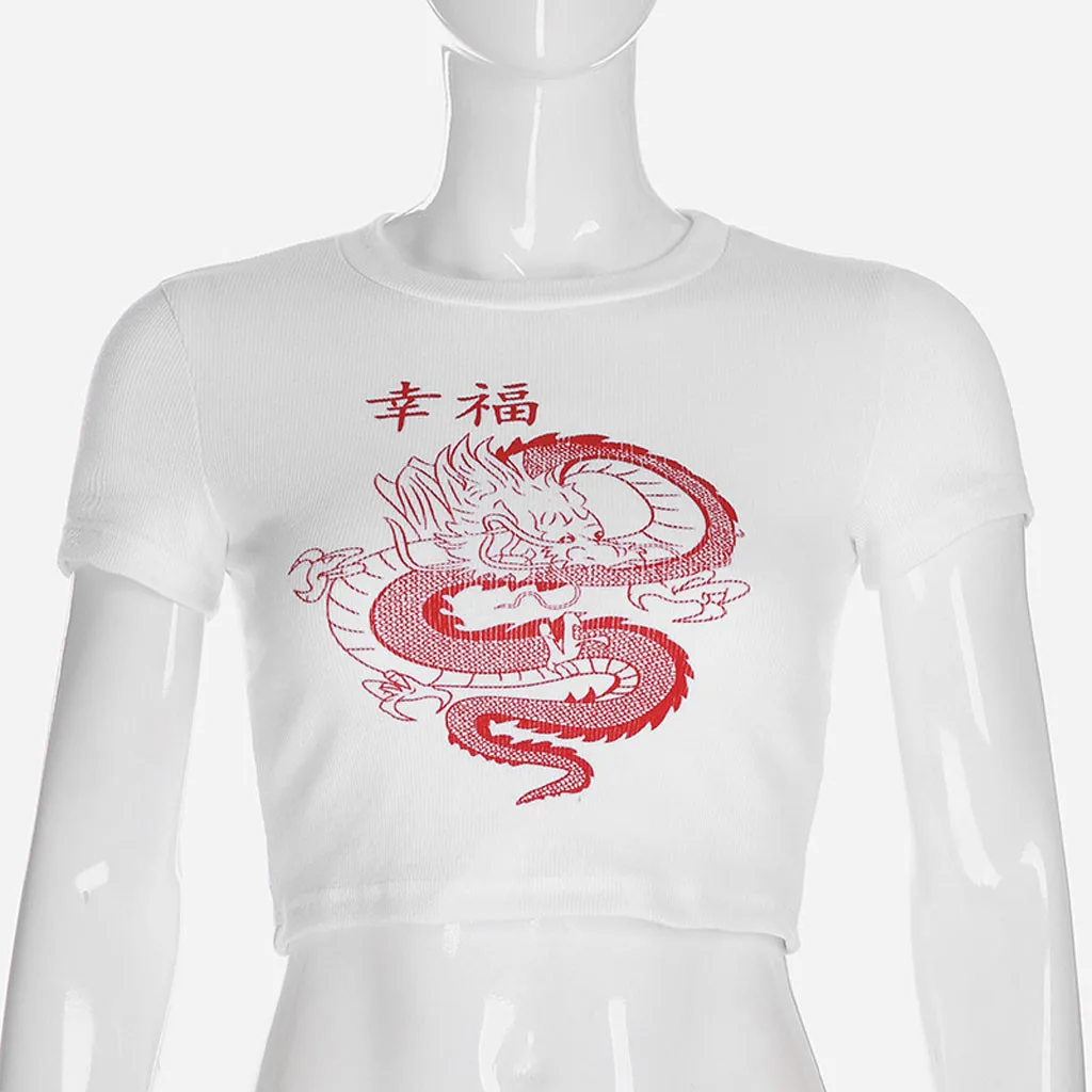 Ženske Zmaj Tshirt Beli Kitajski Znak, Tiskanje T Shirt Bodycon Priložnostne T-shirt Femme Ulične Vrhovi Tee Shirt Poletje #YJ