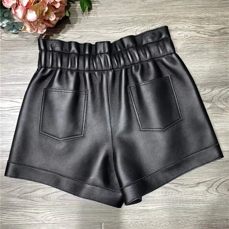 ženske črne hlače pravega usnja vzletno-pristajalne steze moda korejski visoko pasu ulične ovčje kože jesensko zimske hlače